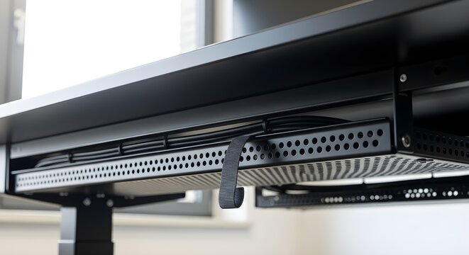 A modern black adjustable standing desk with a cable management tray underneath to keep cables organized and out of sight for a clean and productive workspace.