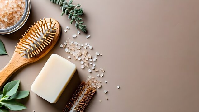 Solid shampoo bar, bath salts, and a wooden hairbrush. Eco-friendly toiletries kit. Natural beauty care, skin treatment, or zero waste idea. Top view, with space for text.