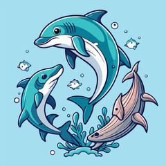 Fototapeta premium Vibrant Cartoon Ocean Life: Dolphins, Whale, and Small Fish in Blue Water