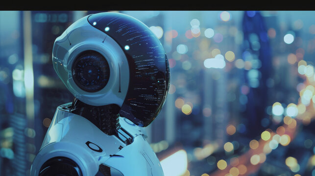 Futuristic Watcher A Robot Gazing Over a Modern Cityscape