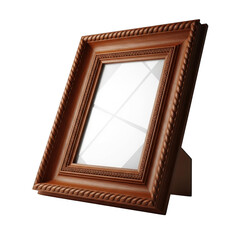 Fototapeta premium Elegant wooden picture frame with intricate details and reflective glass against transparent backdrop