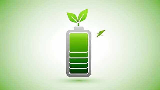 Eco-friendly battery symbol with green leaves and energy waves on a light green background