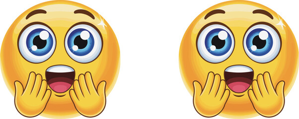 Surprised emoji face, amazed expression, happy shocked emotion, cartoon character reaction, excited emoji, wide eyes, open mouth, playful hands gesture, flat vector illustrati