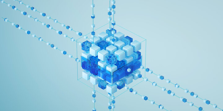 3d render of technology, blockchain, data streaming, database, LLM, large language model, SLM, Small language model, binary, artificial intelligence, ai, integration. Abstract background