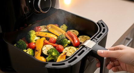 Low angle closing shot open air fryer high quality stock illustration for commercial use