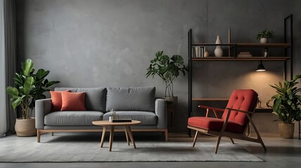Interior design of modern living room with gray sofa, red armchair, plants, and bookshelf against a gray wall, creating a cozy and stylish atmosphere