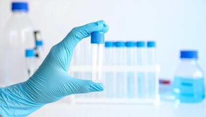 A gloved hand holds a clear test tube against a laboratory setting, highlighting scientific precision.
