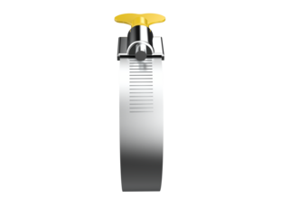 Advanced Dental Isolation System Fixture: Detailed Chrome Metal Rubber Dam Clamp with Yellow Handle Mechanism and Precision Scale, High Definition 3D Rendering, Isolated on WhiteTransparent Background