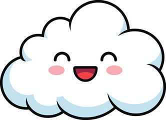 Cute happy cartoon cloud with smiley face, kawaii weather icon, children illustration, cheerful sky element, flat vector illustration