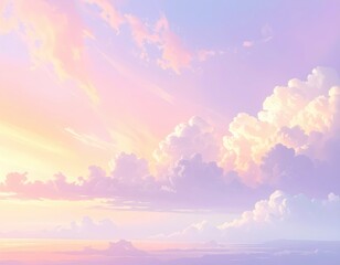 A serene pastel sky filled with soft clouds, showcasing a gentle gradient of pinks and purples at sunrise or sunset.