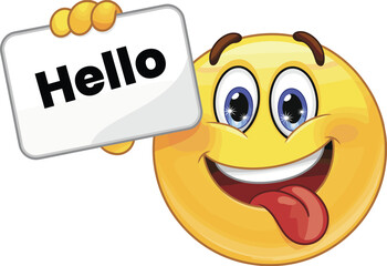 Funny cartoon emoji sticking out tongue, holding hello sign, welcoming gesture, cheerful face, comic expression, greeting, flat vector illustration