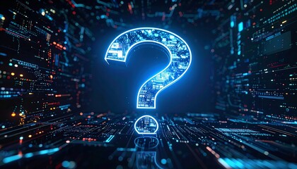A glowing question mark hovers over a digital, circuit-board-like background with flowing light trails and data streams