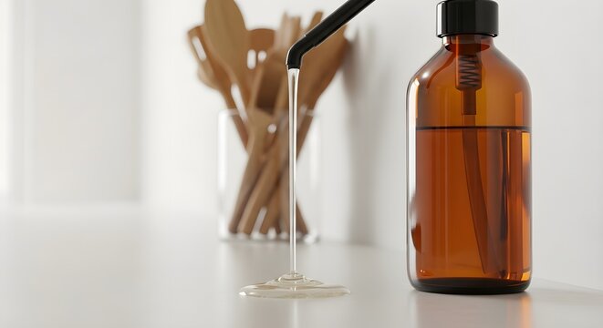 Clear viscous liquid pouring from a black pump dispenser onto a pristine white surface, next to an amber bottle with blurred kitchen tools. - Powered by Adobe