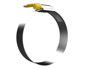 A detailed 3D rendering of a silver metallic hose clamp with a yellow butterfly wing nut, essential hardware for plumbing and automotive repairs, isolated on a PNG Transparent HD Background.