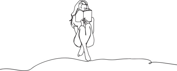 Continuous One Line Art Girl Sitting with Book Vector – Minimalist Reading Woman Illustration and Modern Line Drawing Design Artwork
