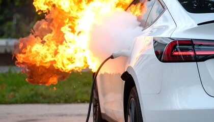 Electric car fire emergency response needed near charging station, flames and debris illuminate urban street at sunset, safety hazard for nearby vehicles.