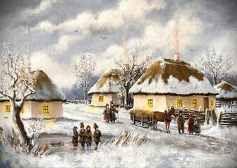 Traditional Ukrainian winter village scene, snowy countryside with thatched cottages and villagers, oil paintings rural landscape
