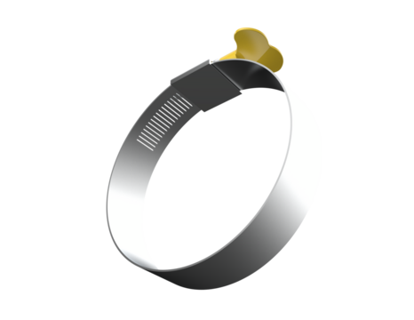 A detailed 3D rendering of a silver metallic hose clamp with a yellow butterfly wing nut, essential hardware for plumbing and automotive repairs, isolated on a PNG Transparent HD Background.