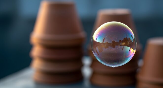 A vibrant soap bubble floats delicately before a blurred background of stacked terracotta pots, creating a captivating image of fragility and contrast.