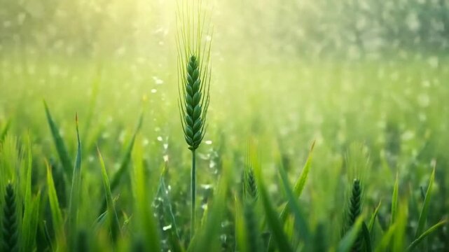 Water droplets irrigate a field of young wheat
