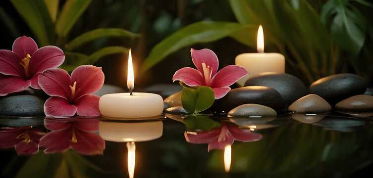 Minimalist spa flat lay with candles, tropical leaves, smooth stones, and essential oil bottles on beige background. Perfect for beauty, wellness, relaxation, self-care, and health advertising.