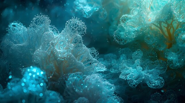 Surreal glowing organic forms creating an intricate, ethereal network in a deep blue abstract world