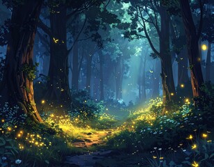 A luminous forest path, bathed in the soft glow of fireflies, leads through a vibrant night landscape.