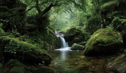 Obraz premium Lush, mossy forest stream cascade