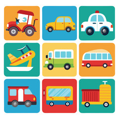 Colorful cartoon vehicles collection for children, including cars, buses, a plane, train, tractor, van, and truck, arranged in a grid.