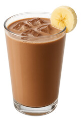 Transparent cup of chilled chocolate oat beverage, adorned with a single banana slice on the rim