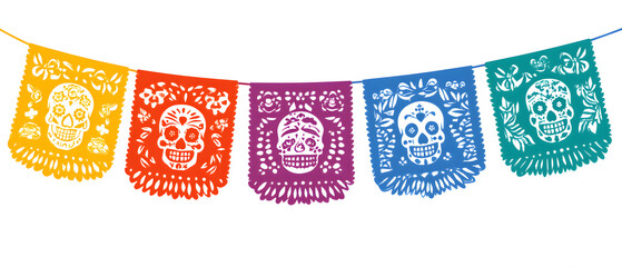 Mexican papel picado paper cut holiday flags and baners. Day of the Dead, Dia e Los Muertos and Cinco deMayo flags with. Vector ilustration. isolated on a wite background.