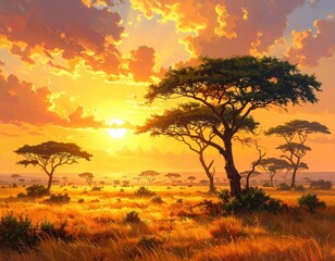 A golden sunset paints the African savanna, illuminating acacia trees and tall grasses.