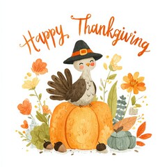 Happy Thanksgiving handwritten text with pumpkin, fall leaves and pilgrim hat, festive seasonal design