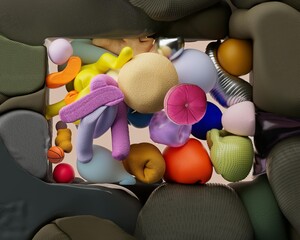 Abstract still life composition of colorful geometric shapes and textures