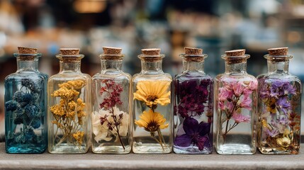 Stunning Still Life of Five Unique Bottles Filled with Dried Flowers, Raw and Vibrant in Warm Tones Perfect for HighImpact Visual Content.