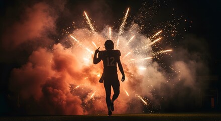 Football player silhouette filled with celebration smoke and pyrotechnics