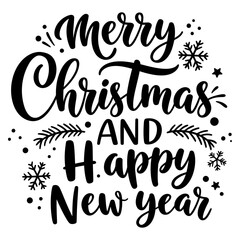 Merry Christmas and Happy New Year text with snowflakes, stars, sprigs, dot swirls holiday season