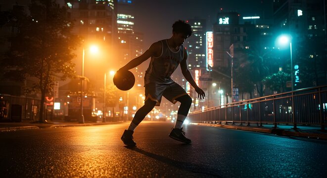 Dynamic dribble action merged with glowing city lights at night