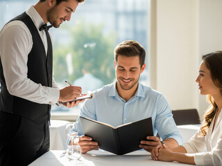 Restaurant waiter takes orders politely from a couple of guests.