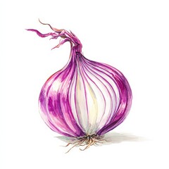Shiny glass red onion with glowing purple transparent layers and luminous highlights, modern vegetable concept isolated on white background