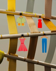 Creative Clothes Display Featuring Garments Hanging on Textured Strands