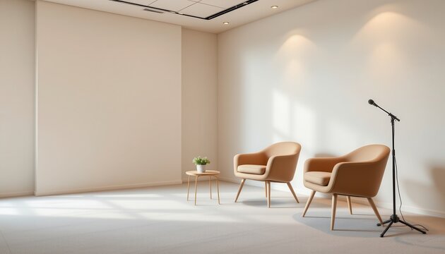 Pastel toned interview room with two chairs and microphones positioned on the right, ample empty left copy space, soft diffused lighting, clean minimalist background