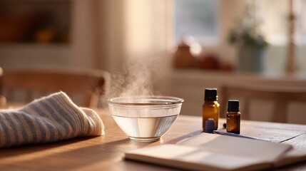Still life of steam inhalation tools with eucalyptus and lavender essential oils, bowl of hot water, towel and handwritten label “Lung Detox”, neutral clean background, Selective Focus, Copy Space