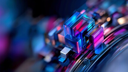 Translucent geometric cubes overlapping, forming intricate technological structure, glowing with vibrant neon illumination suggesting cutting edge digital design concept