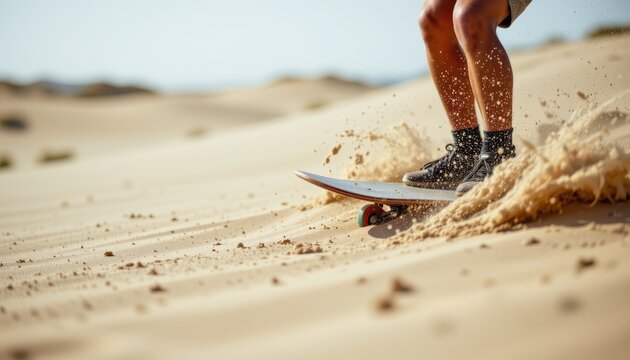 Close up of a person sandboarding on the right, board and lower body in sharp focus with sand spray, shallow depth of field, soft dunes background and wide empty left side copy space.