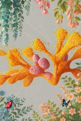 Whimsical floral composition featuring abstract coral and delicate butterflies artwork