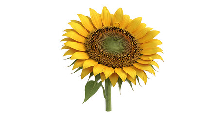 Fototapeta premium A single vibrant yellow sunflower with a dark brown center and green stem stands isolated against a clean white background