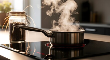 Close-up of a pot simmering with steam rising on a modern induction stovetop, next to a jar of coffee beans in a bright, contemporary kitchen setting.
