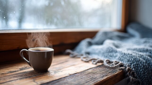 Cozy Home Ambiance Intimate CloseUp of a Steaming Cup of Coffee by a Window.