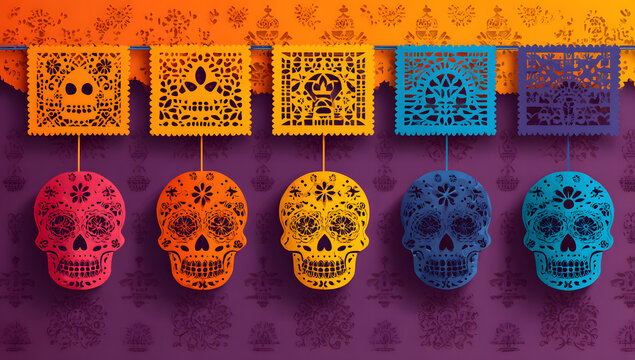 Mexican Dia de Los Muertos holiday background with ppel picado flags, vector pster. Dia de los Muertos o dead day fiesta and carnial celebration of Mexico clture and tradition with ppel picado